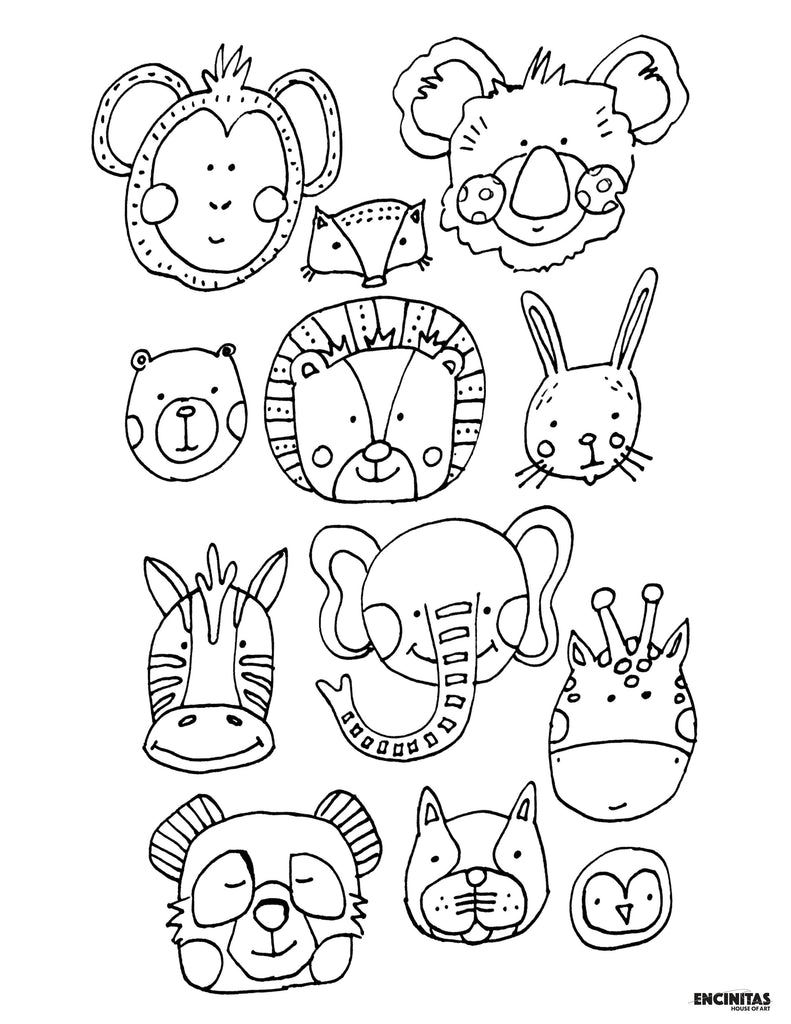 Cute Animal Faces Coloring Page – Encinitas House of Art