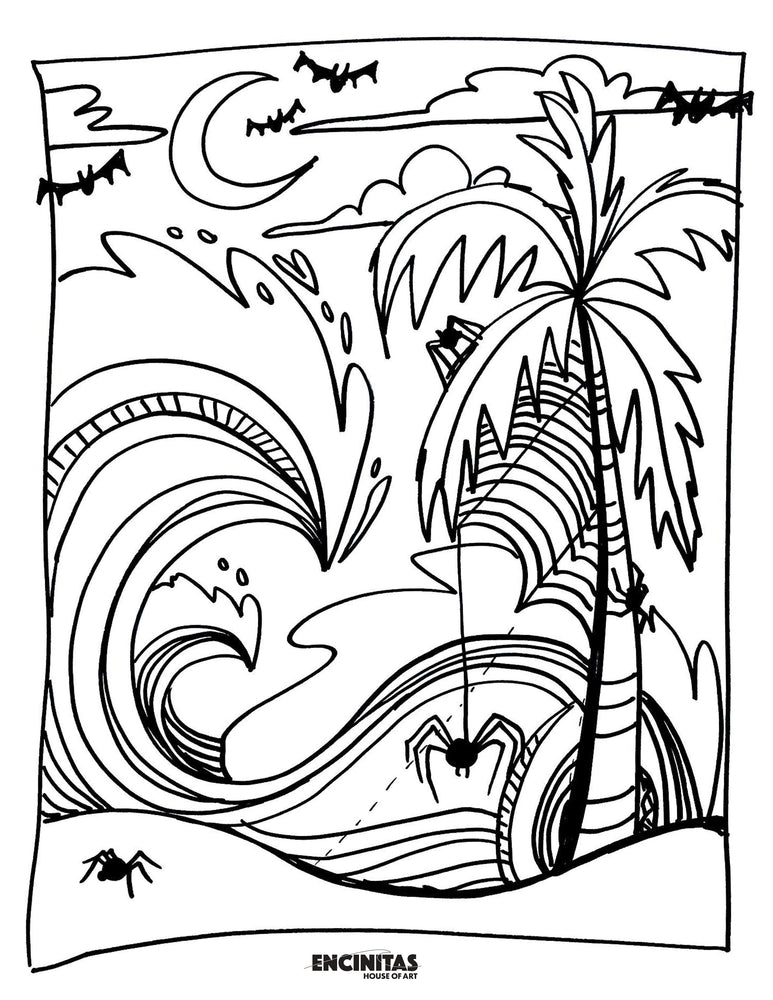 Haunted Moonlight Beach Coloring Page